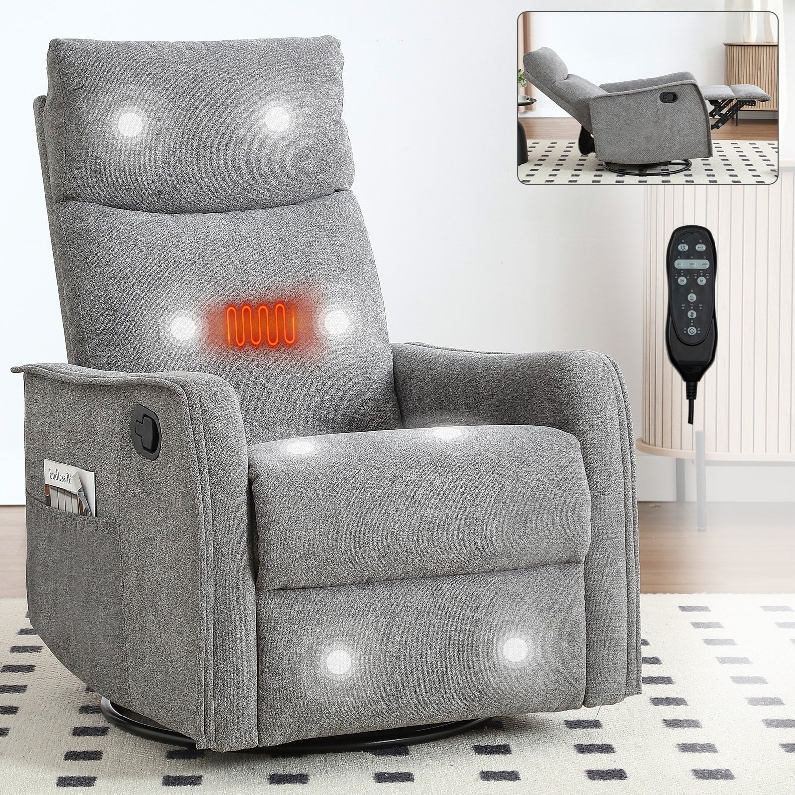 Heat Massage Manual Recliner Chair with Rocker and Swivel in Fabric for Living Room
