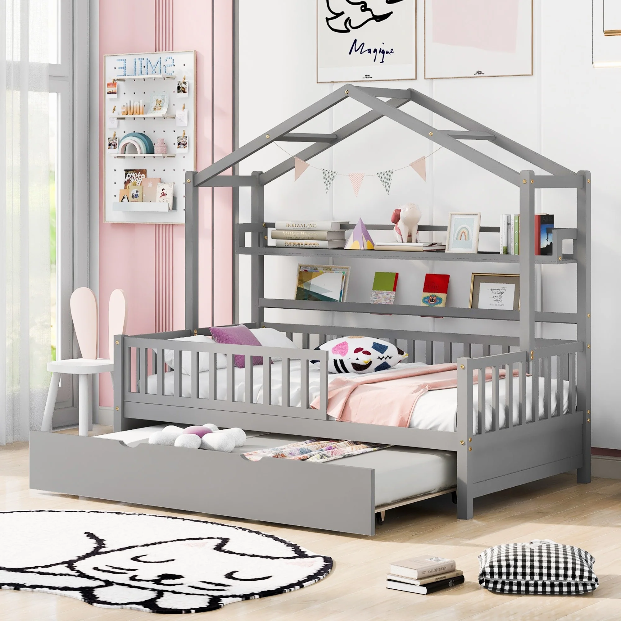 Kids' Twin House Bed with Trundle and Storage Shelves, Fun and Space-Saving Design