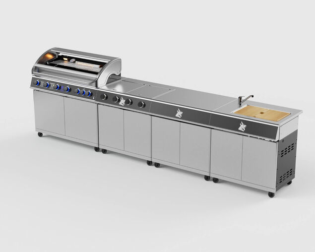 Beefmaster Deluxe 6 Burner Outdoor Kitchen with Range, Sink & Bench on Deluxe Carts