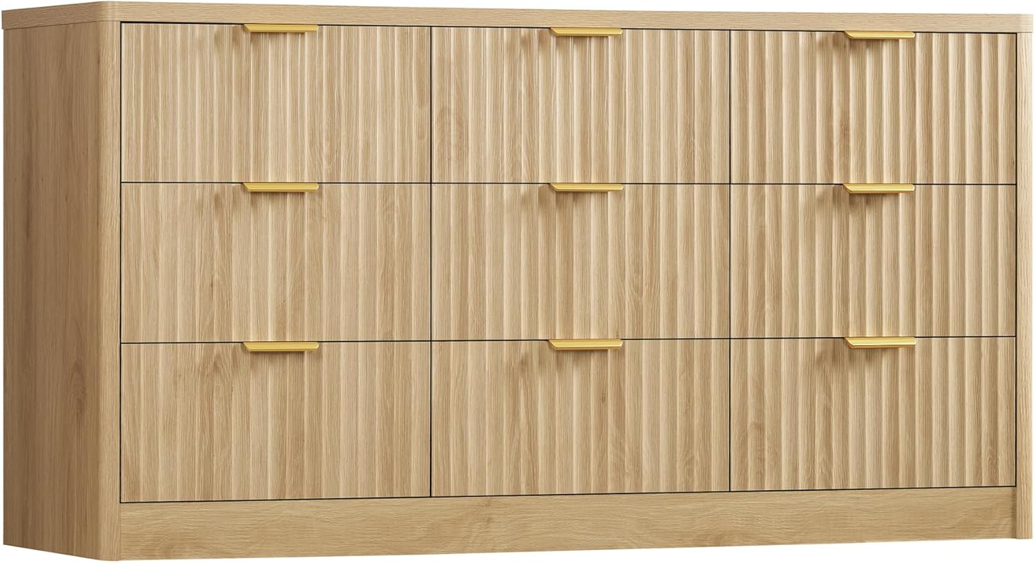 TEENFON Fluted Dresser for Bedroom with 9 Drawers, 63 Wide Modern Chest of Drawers with Metal Handle & Curved Profile Design, Wood Closet Clothes Storage Organizer for Living Room, Hallway, Natural