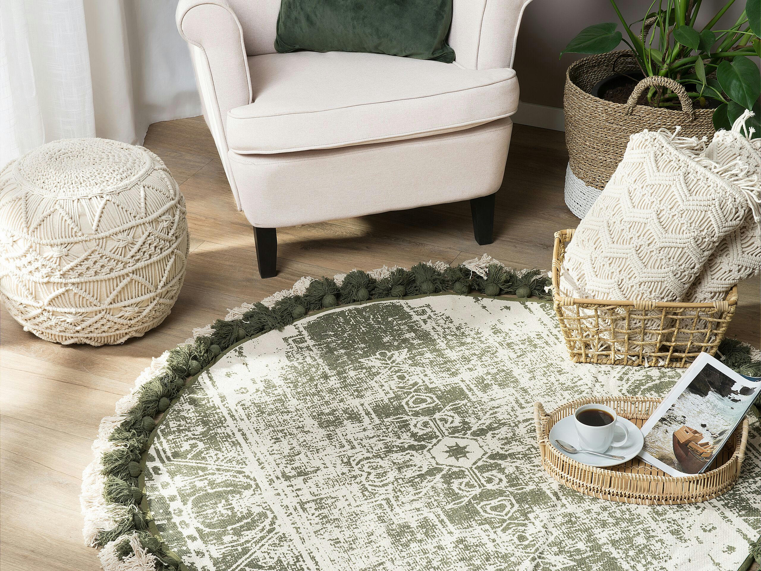 KAHTA - Tapis rond à franges blanc crème et vert D120cm