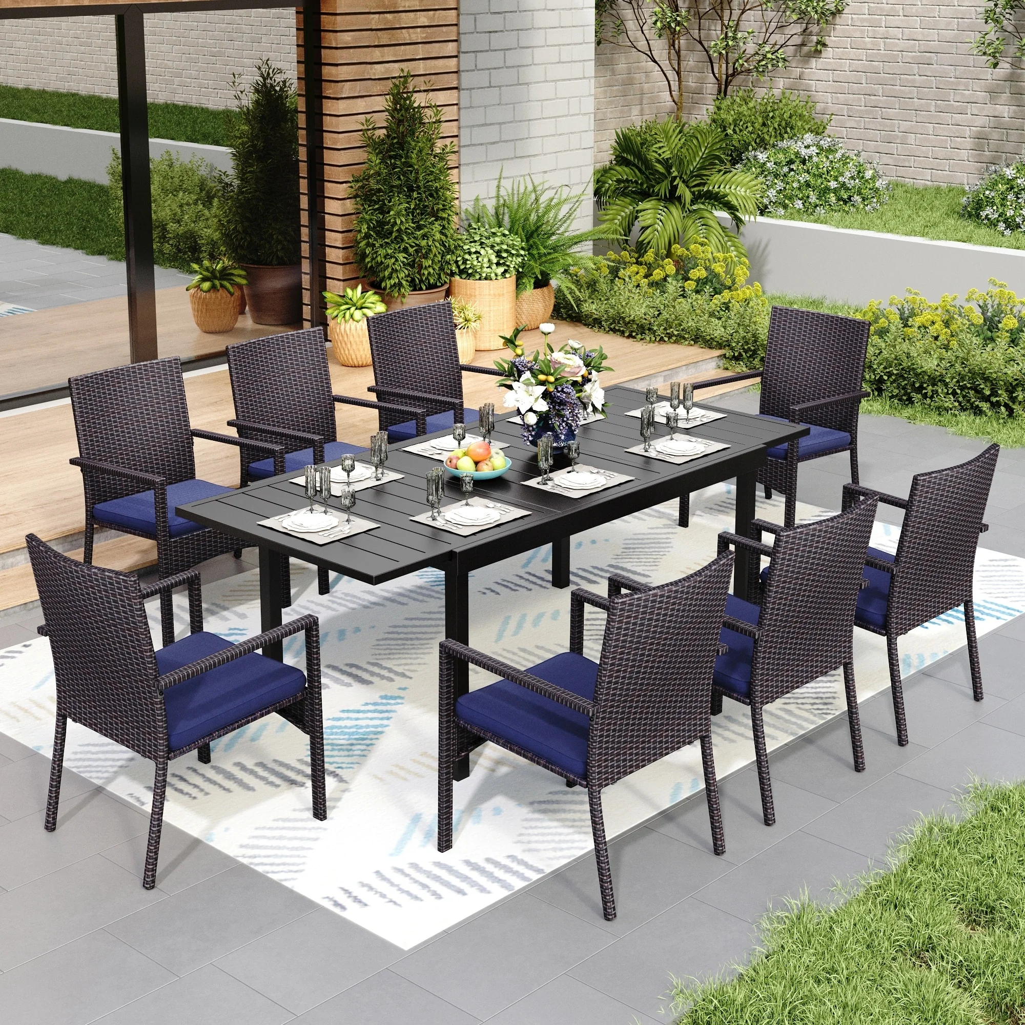 7/9 Patio Dining Set, Expendable Rectangular Outdoor Dining Table with Rattan Chairs