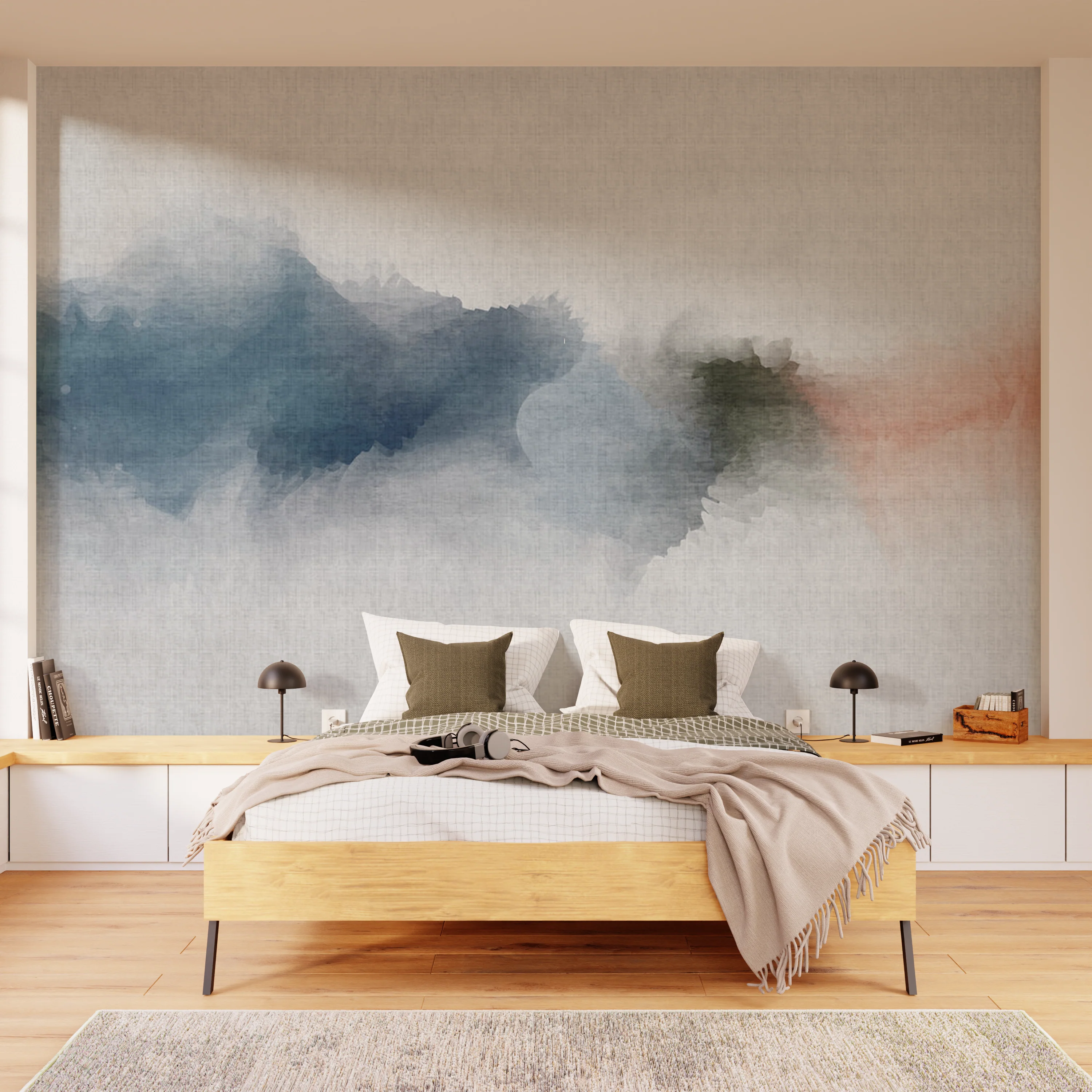 Papier peint panoramique XL INKY 400 x 270 cm bleu ciel et rouge orangé