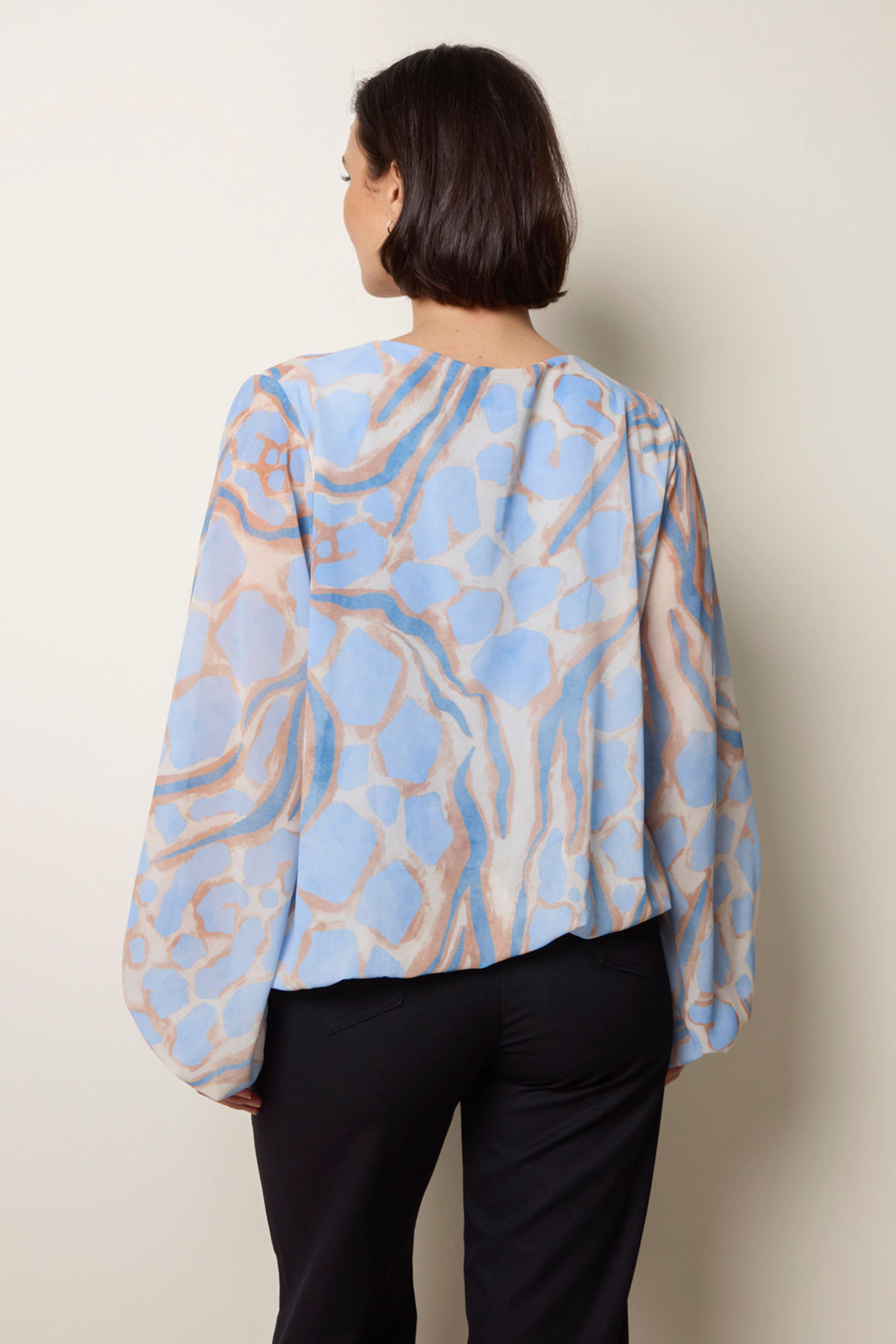 Blue Vanilla Light Blue Abstract Print V Neck Puffball Top