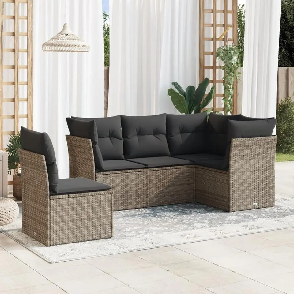 vidaXL Loungeset met kussens - 5 personen - Grijs - Poly Rattan - 5 stuks