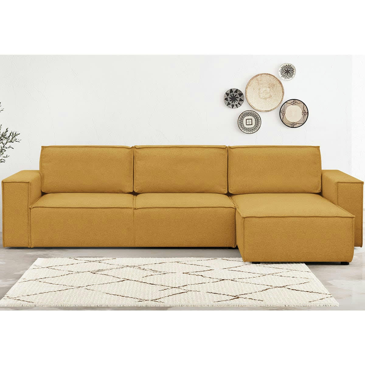 HARPER NEW - Canapé d'angle 5 places convertible + coffre, tissu jaune moutarde