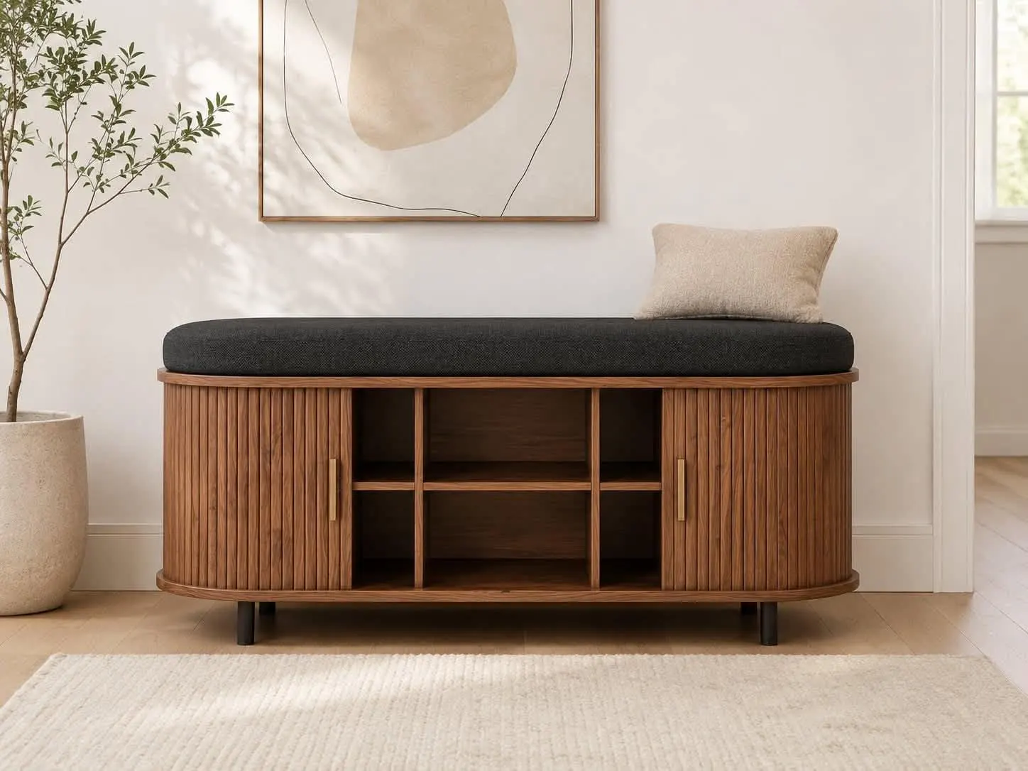 Wooden Shoe Storage Bench with Cushion, 3-Tier Rustic Entryway Organizer
