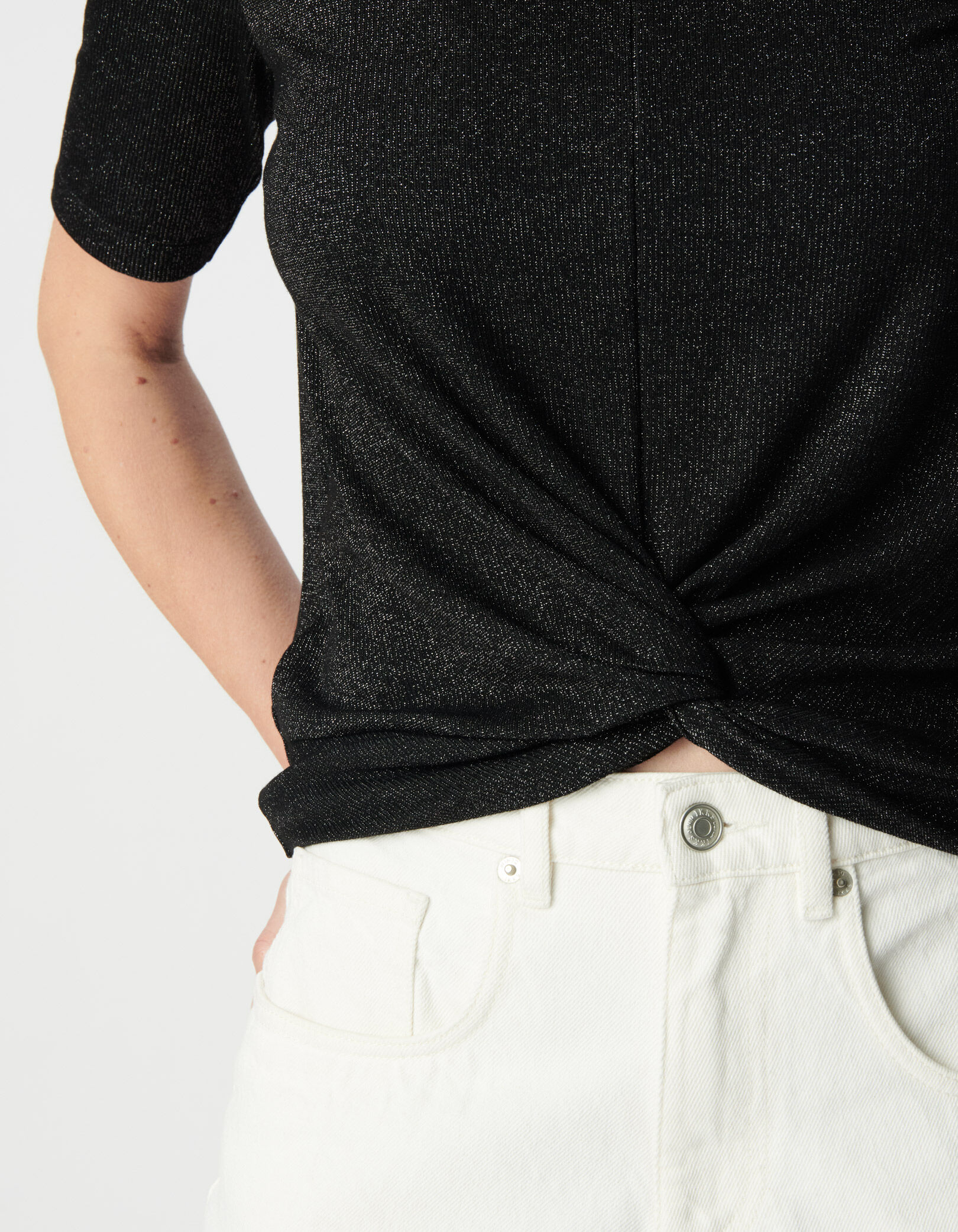 Tee-shirt noir pailleté effet drapé avec noeud Femme