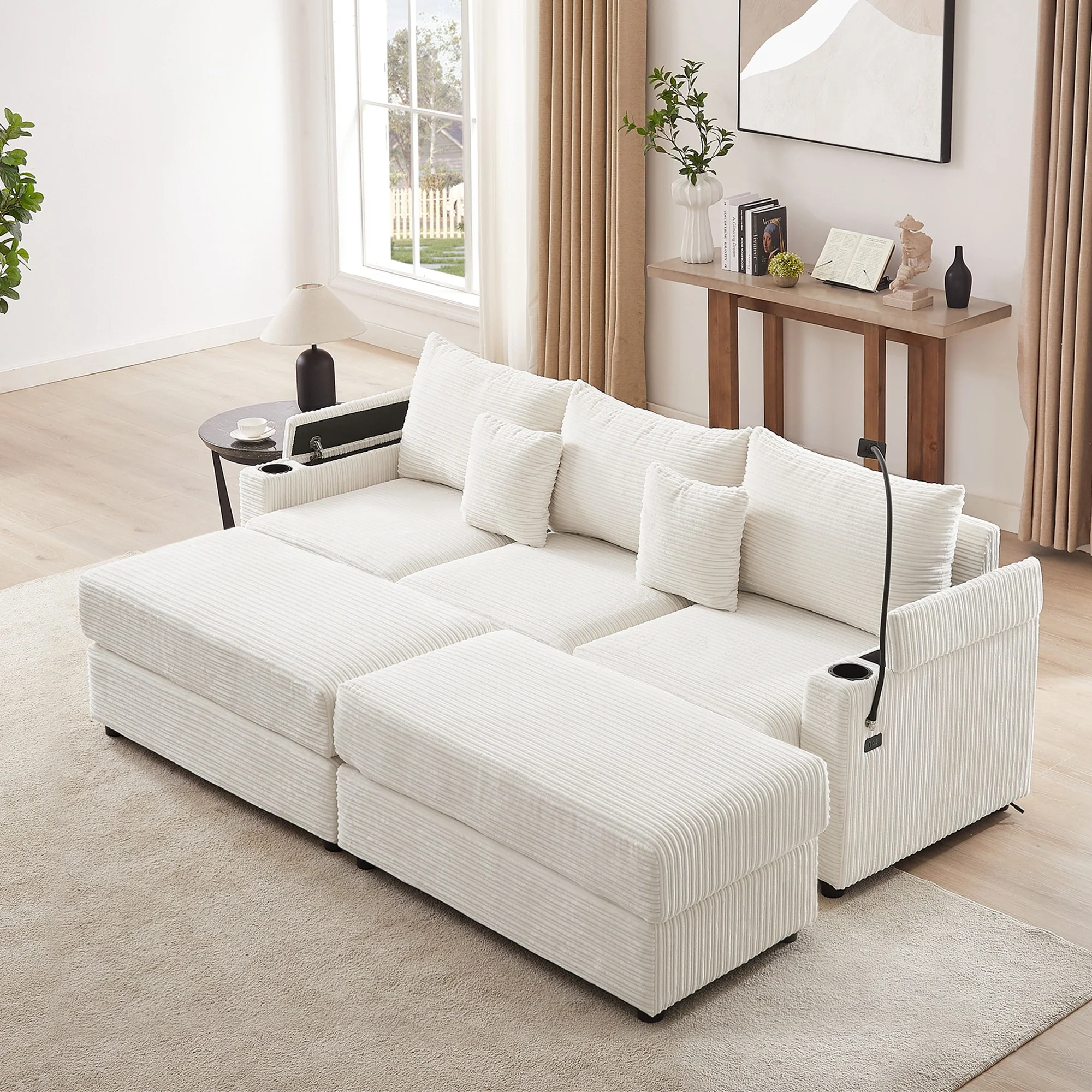 95.3 Corduroy Sectional Sofa with Storage, Movable Ottoman