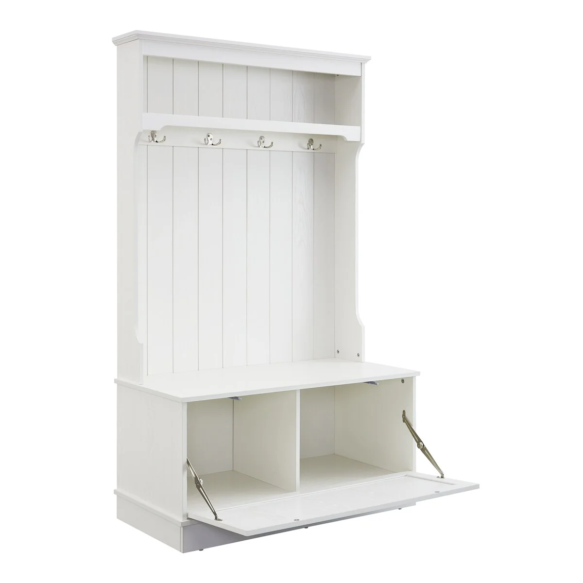 White Entryway Hall Tree with Shoe Storage Bench, Coat Racks, 4 Hooks