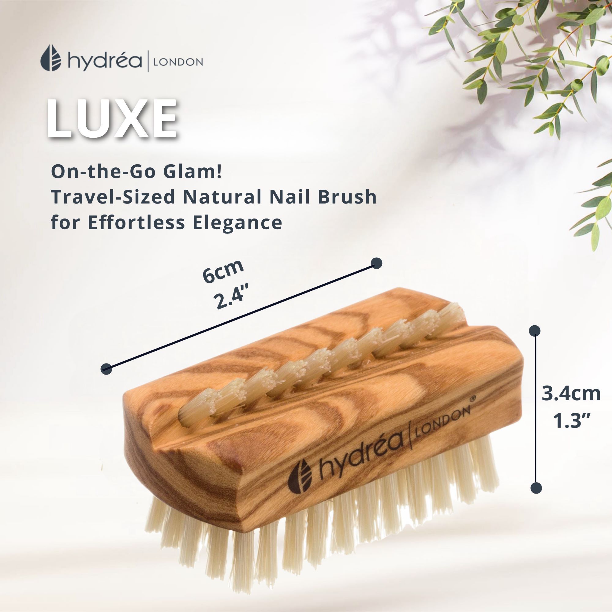 Hydrea London Luxe Olive Wood Travel Nail Brush with Natural Bristle