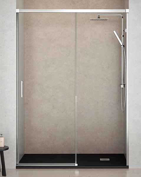 Paroi de douche coulissante 1 porte 1 fixe 1 porte100 cm (Adaptable 95-99cm)Verre 6 mm clair anti-calcaireProfil Chrome
