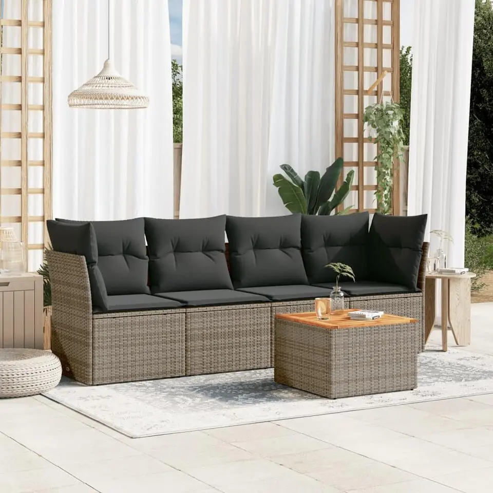 vidaXL Loungeset incl. kussens & tuintafel voor 4 personen - Grijs - Poly rattan