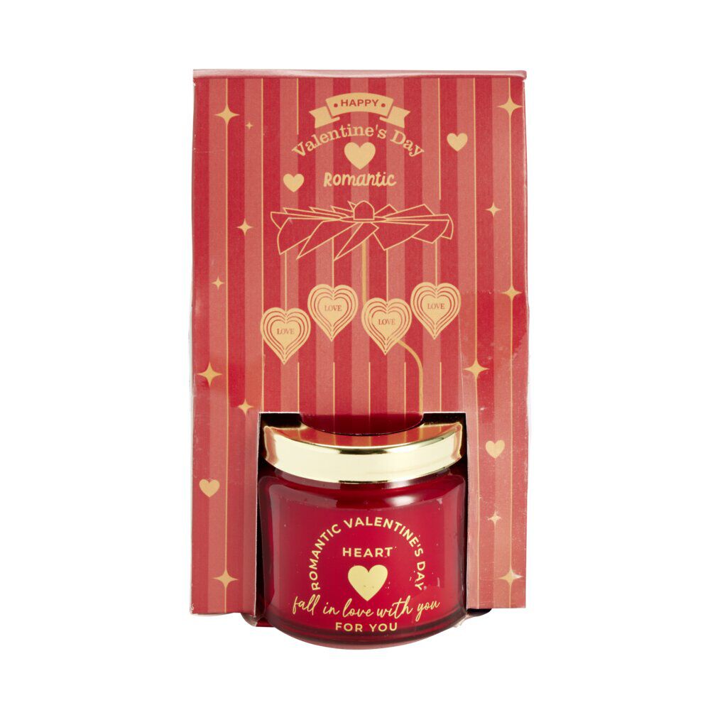 Bougie Saint Valentin dans verre rouge couvercle doré Ø6xH6cm
