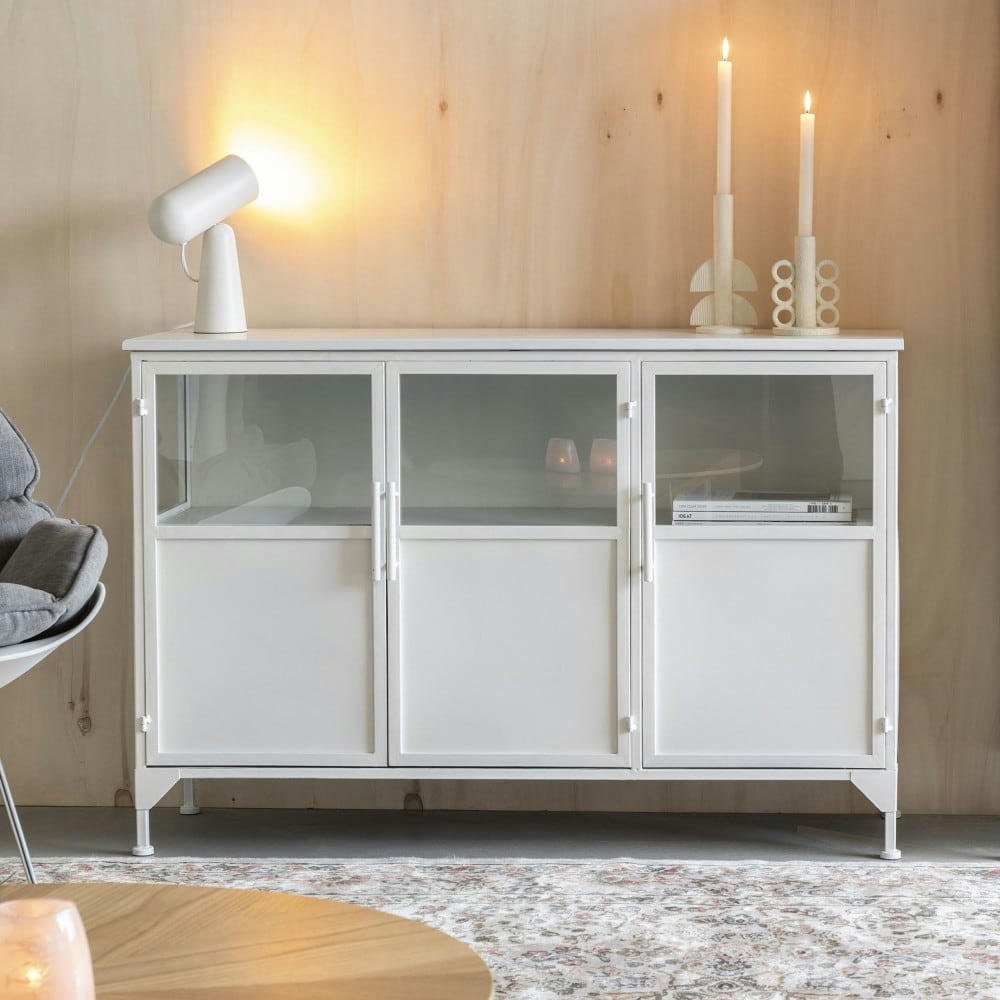 MIYA - Buffet 3 portes en verre et métal L120cm blanc