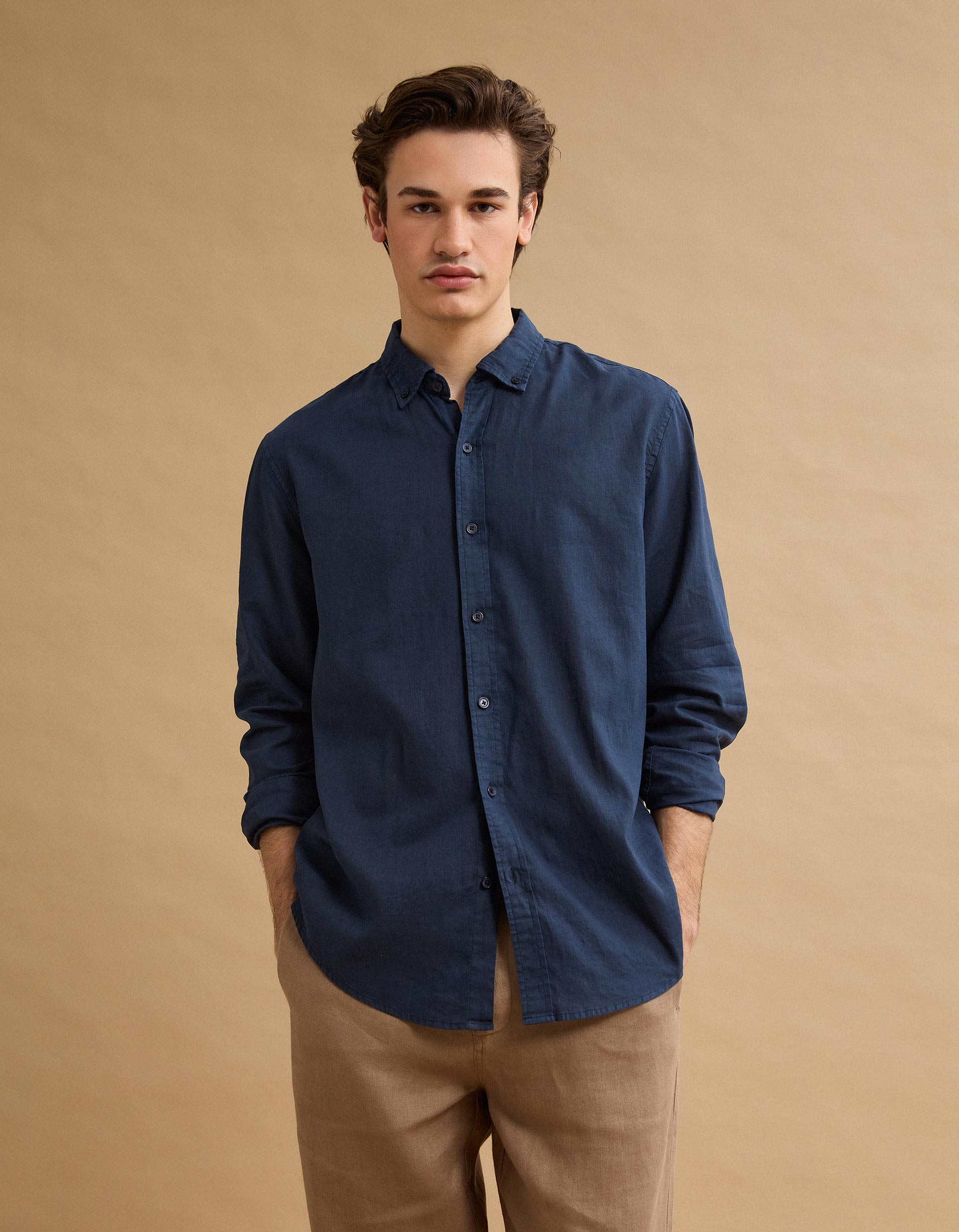Camisa com Linho, Homem, Azul Escuro
