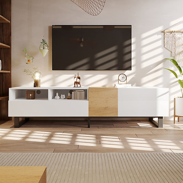 Meuble TV avec Pieds en Métal Noir et Grand Rangement - MDF et Métal - 180 x 38 x 50 cm - Blanc et Bois