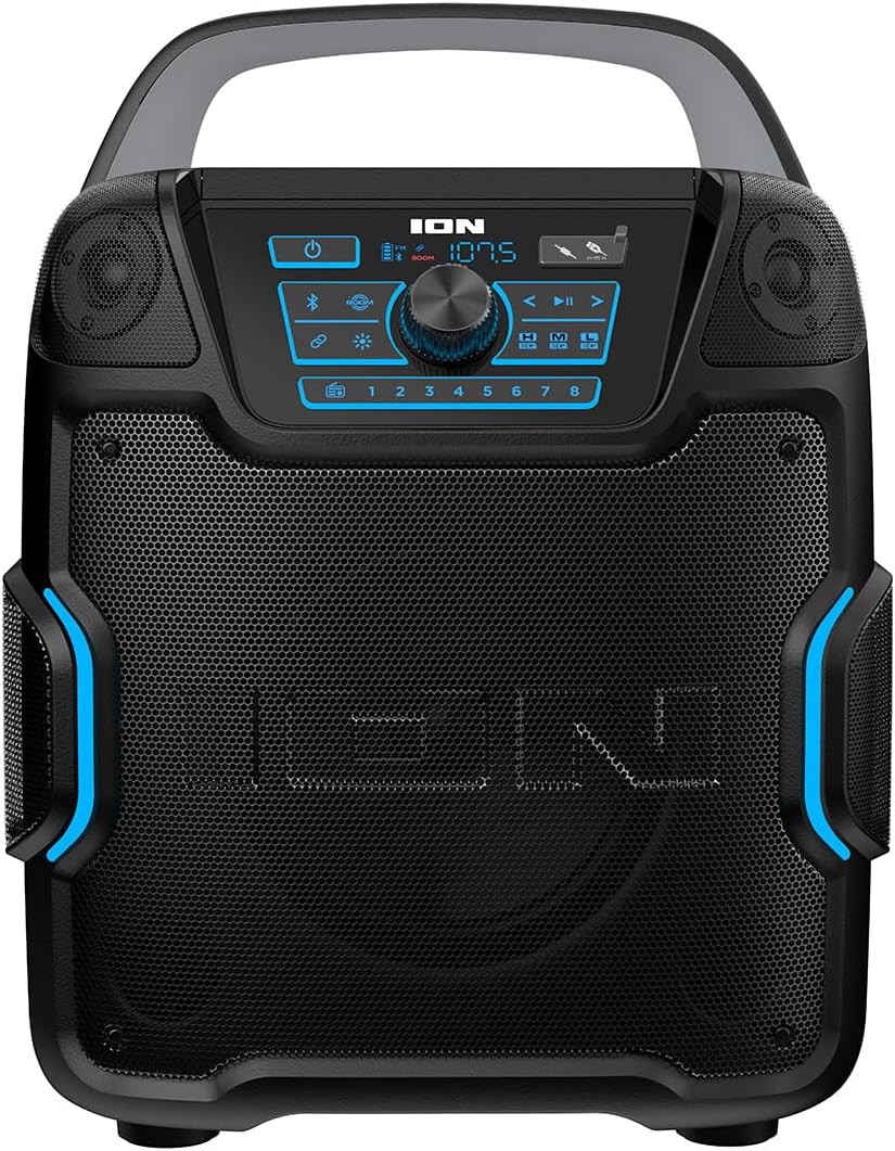 ION Sport 320-200 Watt Outdoor Bluetooth Party Speaker with Rechargeable Battery, FM Radio, Lights, USB Charging, App, Omni-Directional Sound