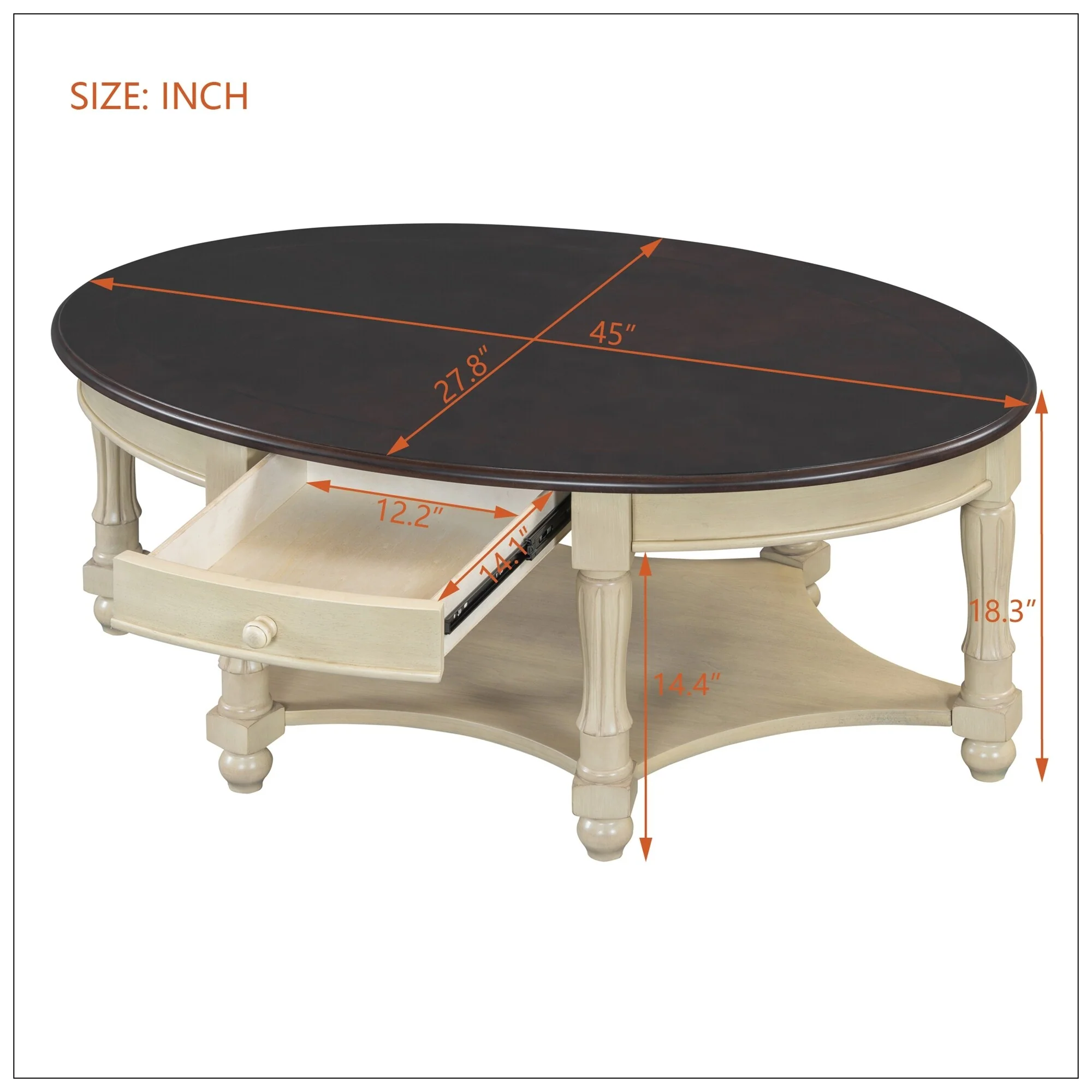 Vintage Oval Coffee Table with Drawer and Storage Shelf