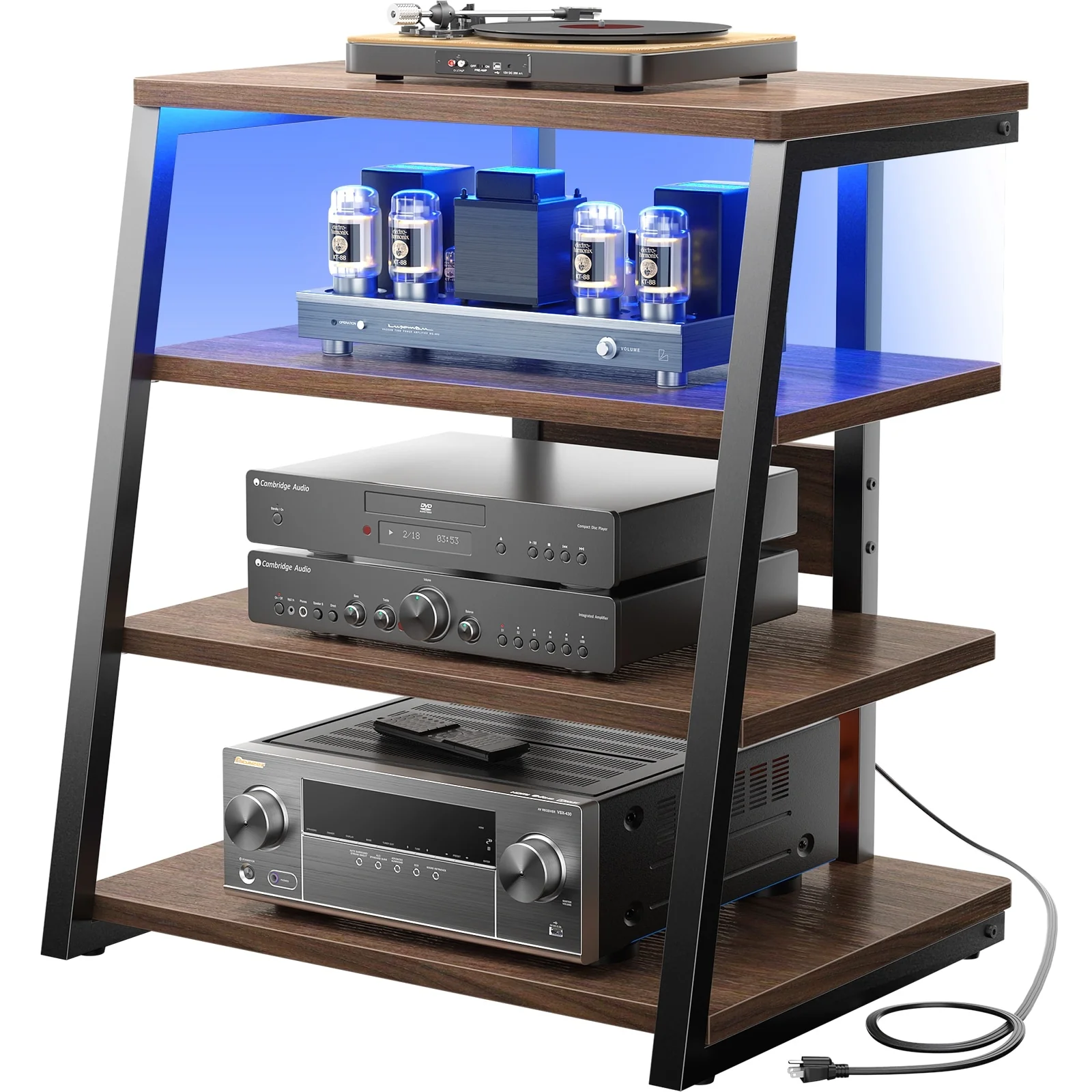 4-Tier Wooden AV Component Media Stand Stereo Cabinet with Power Outlets and LED Lights