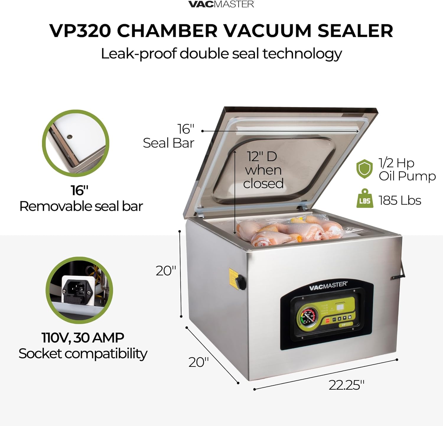 Vacmaster VP320 Commercial Countertop Chamber Vacuum Sealer Machine, ½ HP Oil Pump, 16” Seal Bar, 10 Programmable Settings, Large Vacuum Food Sealer Machine for Liquids, Meats & Sous Vide