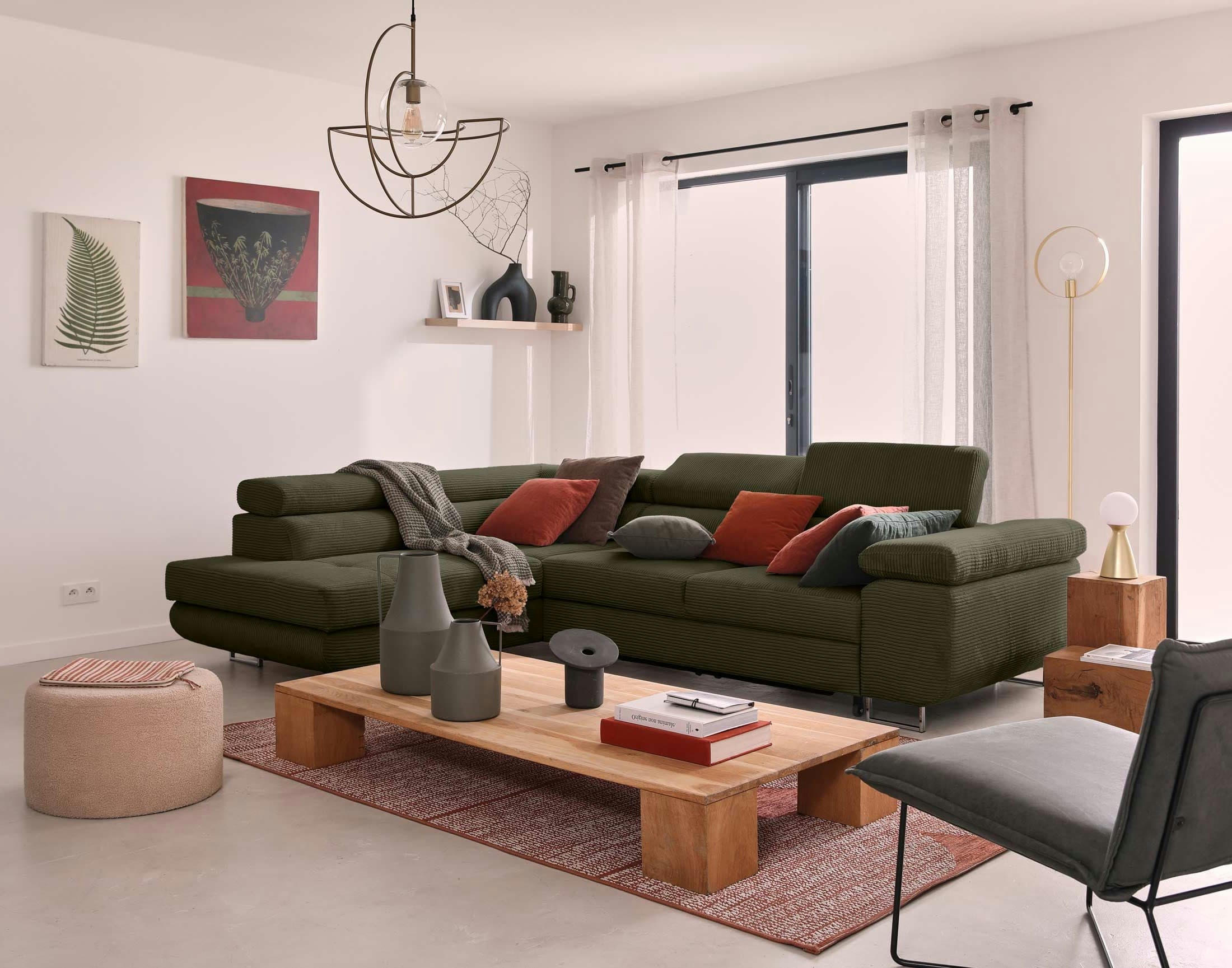 ZARIA - Canapé d'angle gauche convertible 5 places en velours côtelé vert