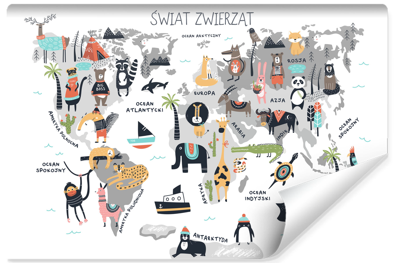Fototapeta Ścienna MAPA ŚWIATA Zwierzątka 90x60cm