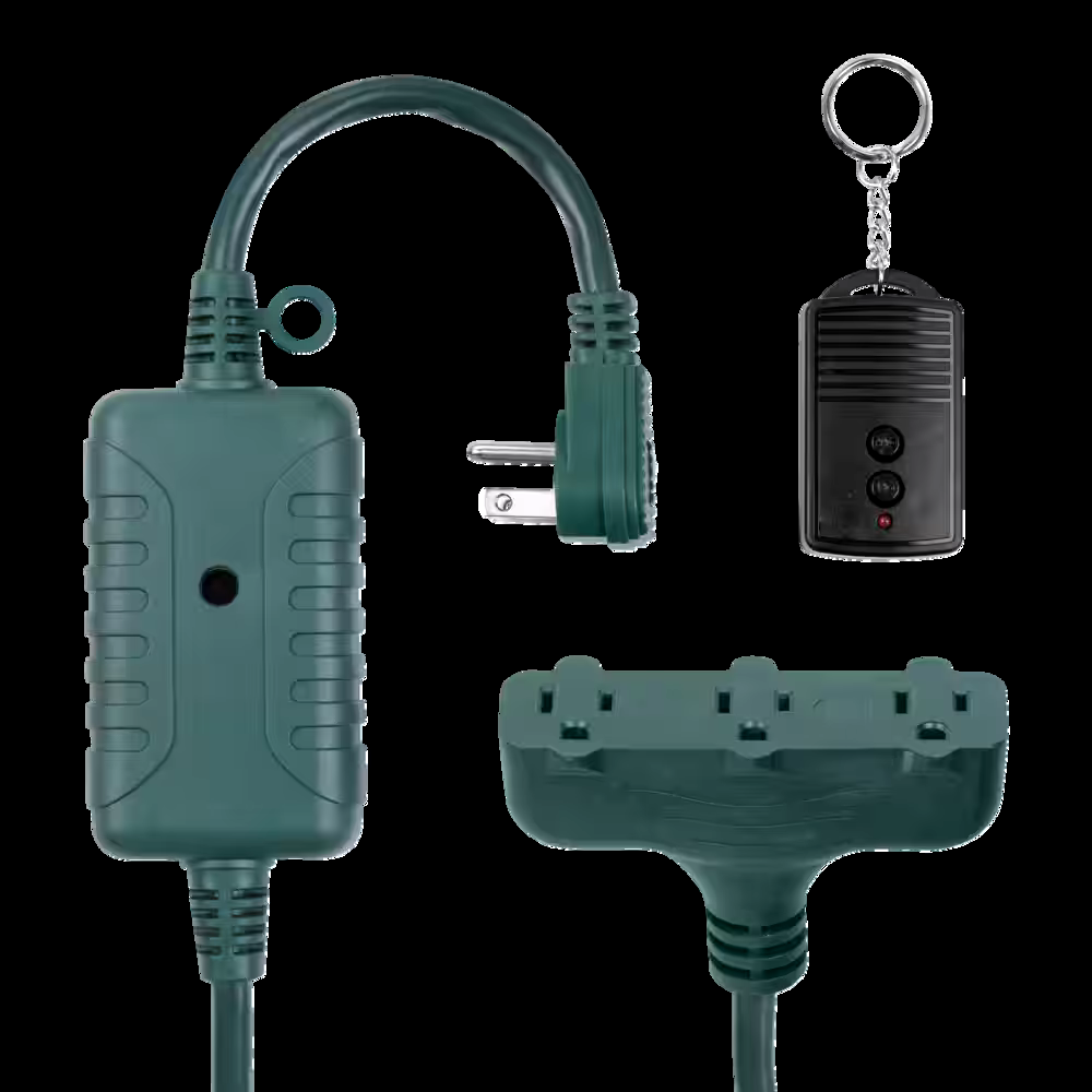 Globe 14/3 Outdoor Power Cord with ON/OFF Switch Remote, 3 Grounded Outlets, Green