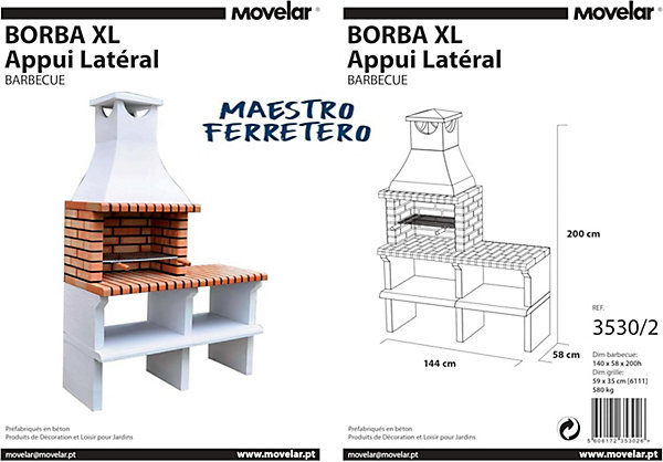 MOVELAR - Barbecue préfabriqué à bois et charbon de bois SinesxL (Gris, Orange - 144x58x200 cm) REF : 3530/2 - Usage Extérieur