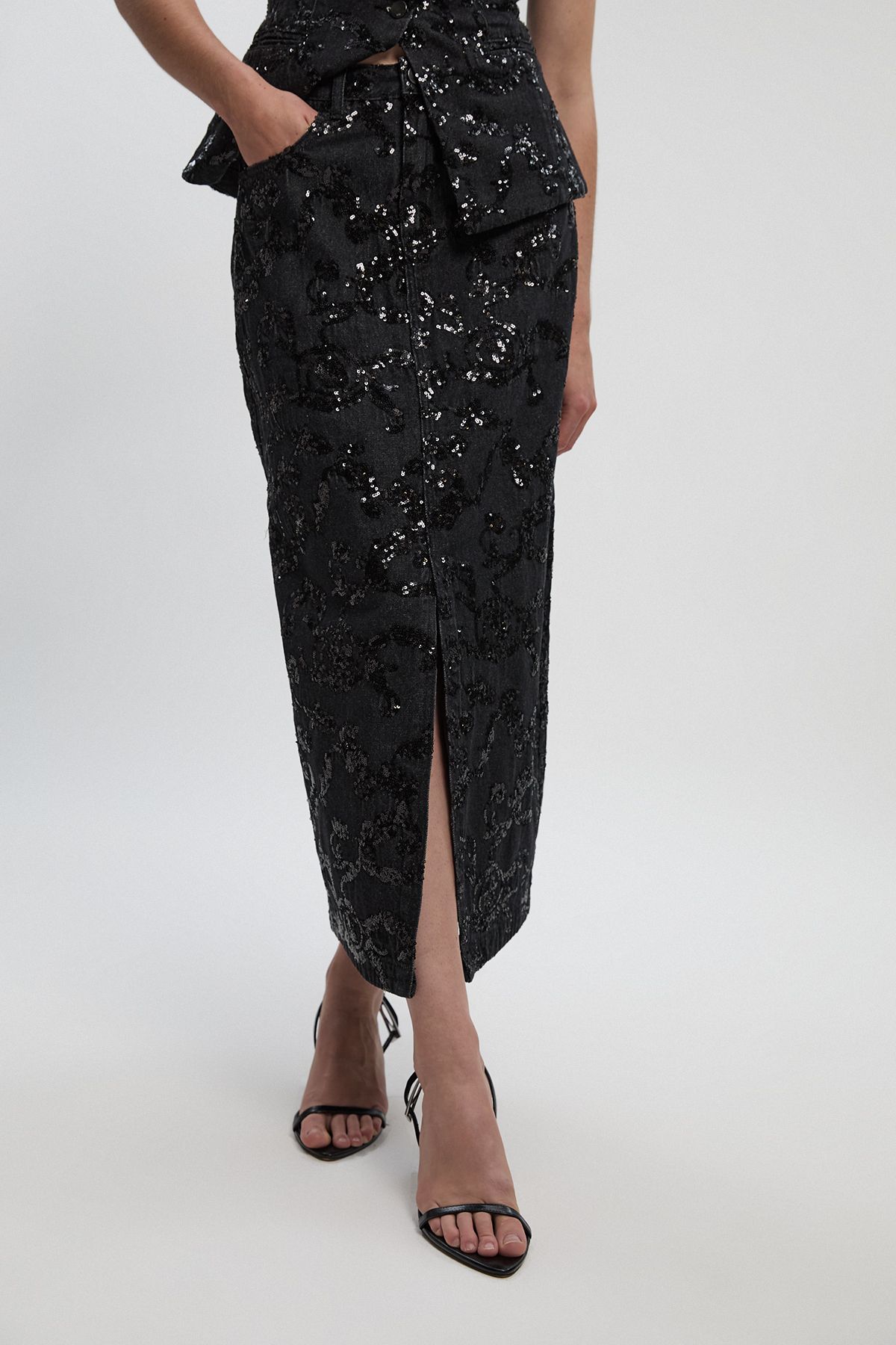 KarenMillen Sequin Denim Pencil Skirt