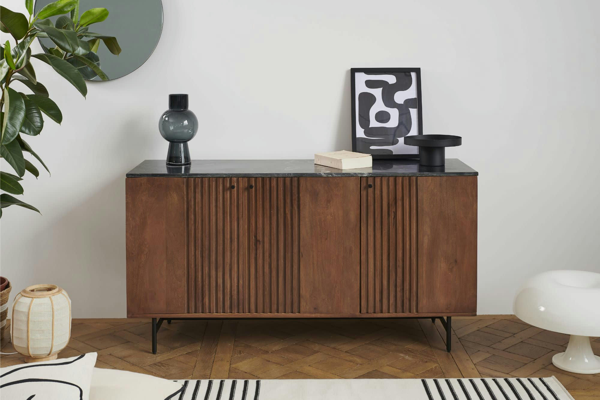 MAQUITA - Buffet 3 portes en manguier et son plateau marbre