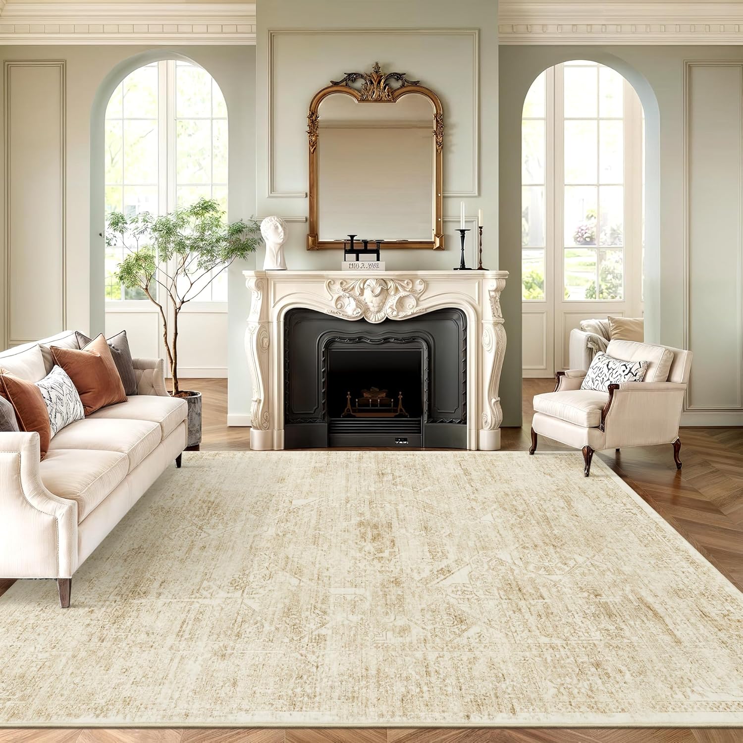Soalmost Washable Area Rug 9x12, Large Soft Rugs for Living Room Vintage Beige Rug 9x12 Area Rugs for Bedroom Dining Room Floral Non-Slip Thin Rug