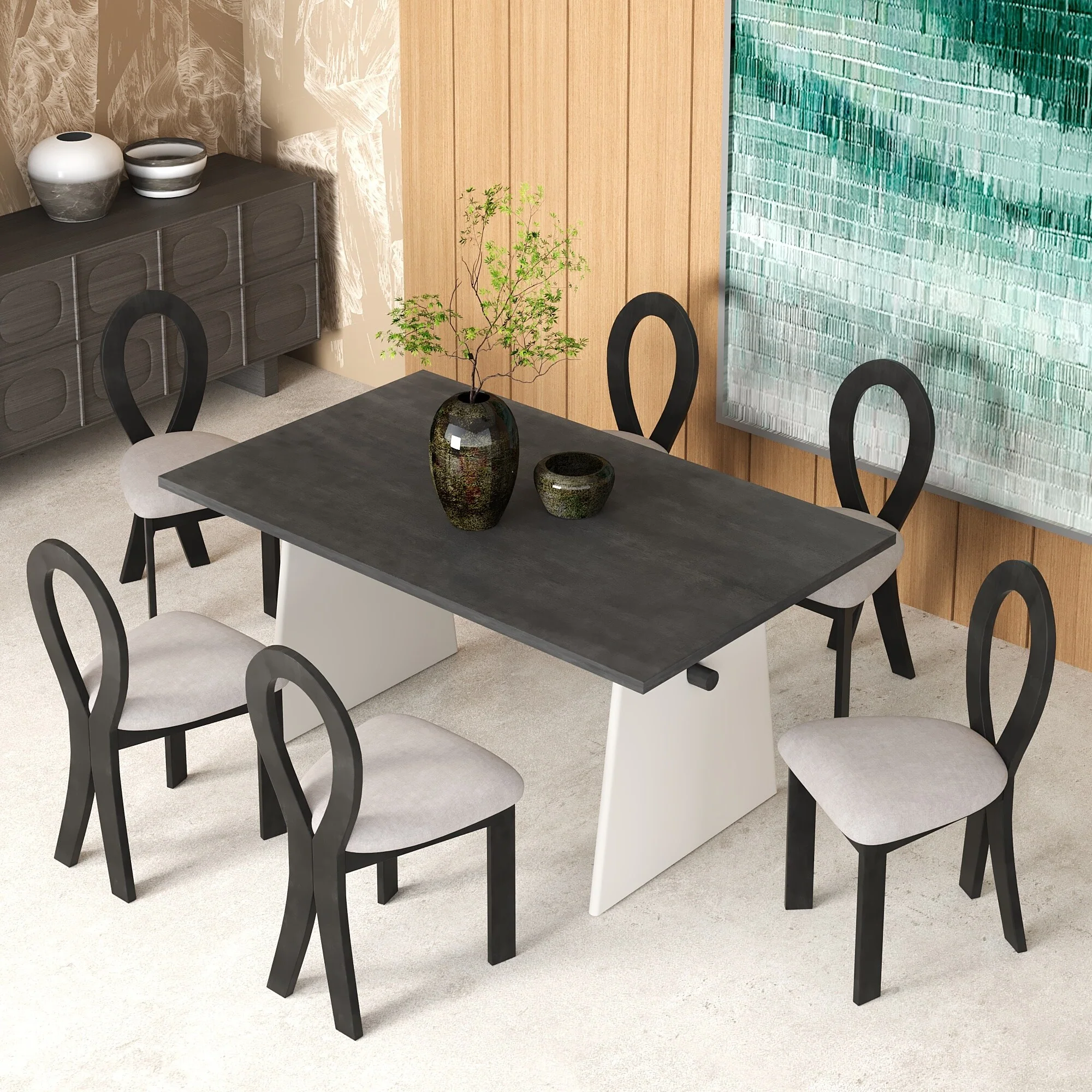 Roomfitters Modern 7-Piece Dining Table Set with Trestle Table and 6 Upholstered Chairs