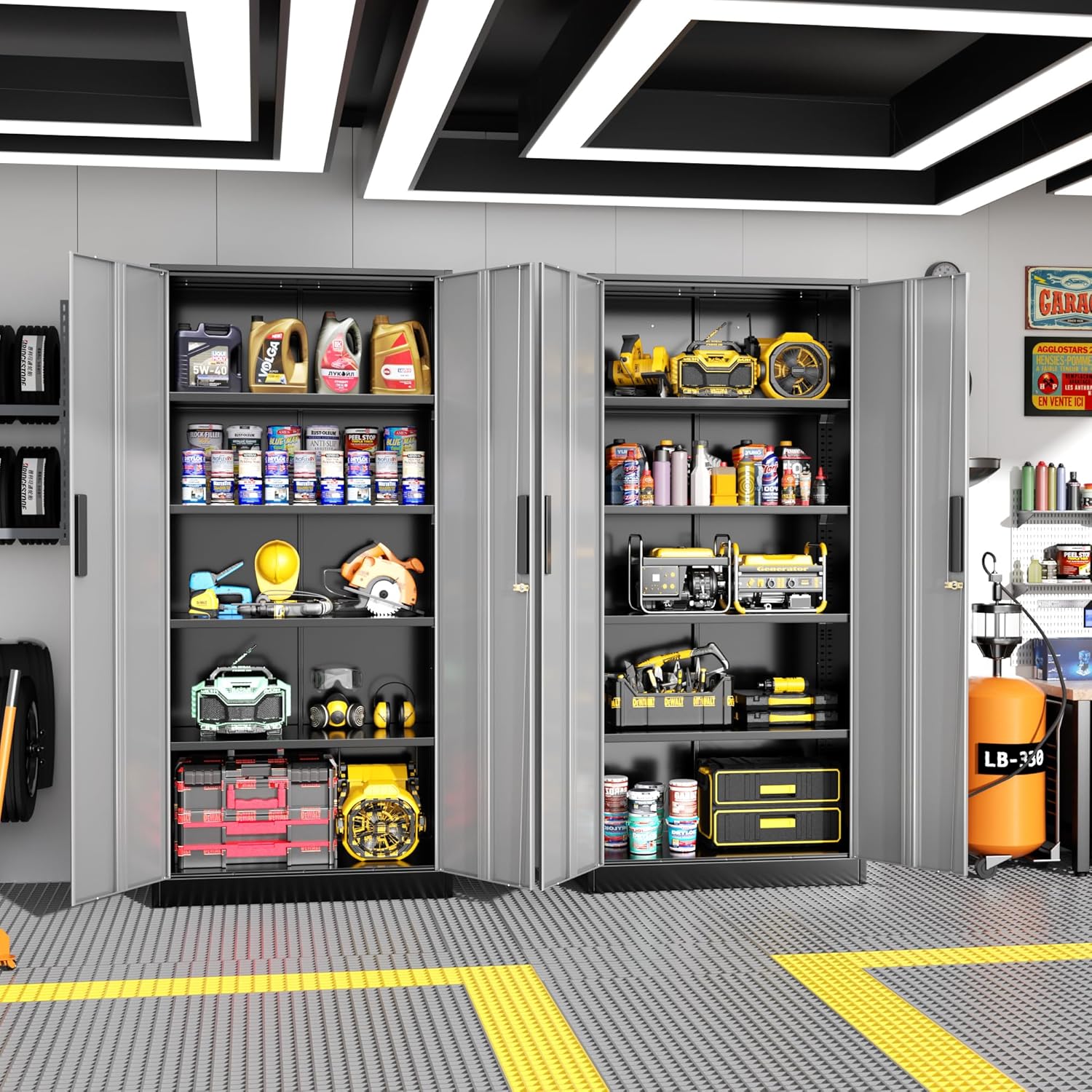 Greenvelly Metal Garage Storage Cabinet with Lock, 72”Metal Storage Cabinet with 2 Doors and 4 Adjustable Shelves, Steel Tool Cabinet for Garage,Home Office, School,Gym (Black Grey)