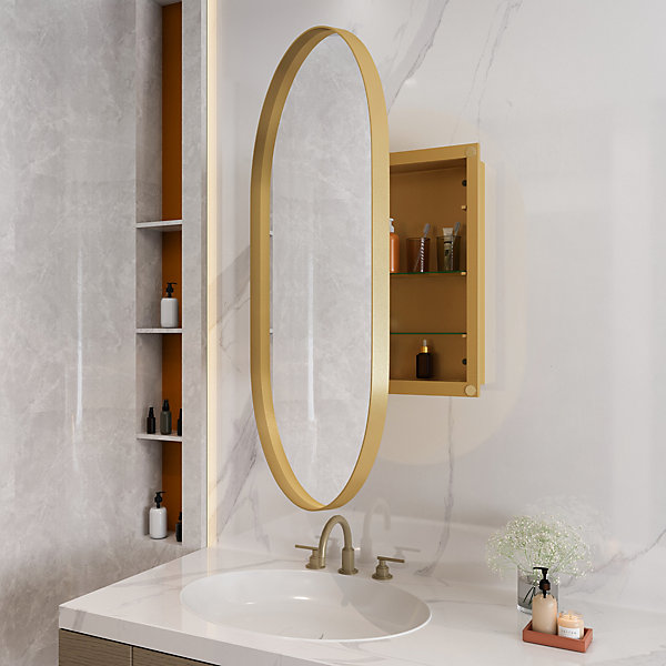 Armoire à miroir ovale dorée avec cadre métal, armoire murale à étagères réglables, rangement salle de bain, salon ou chambre