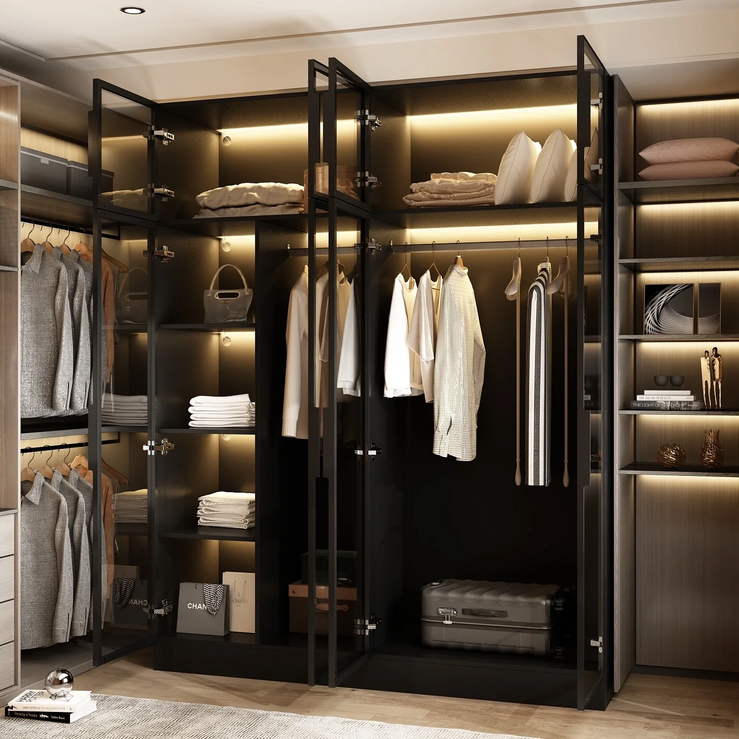 59.1W Glass Door Wardrobe: Illuminated Interiors Closet Arimore Large