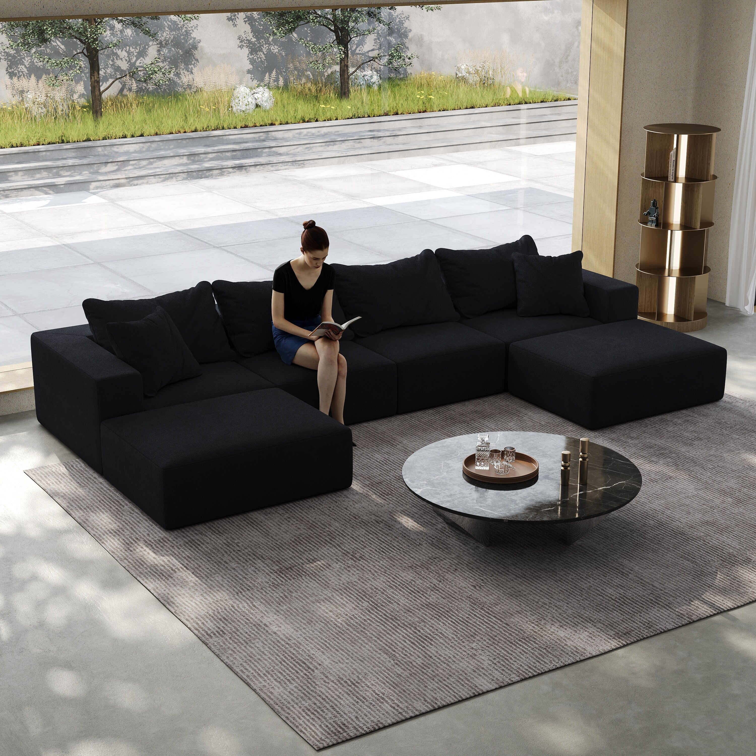 Floor Upholstered Sectional Sofa Modular L Shaped Couch Set with 6 Pillows and Ottomans, Living Room Sleeper Sofa Bed