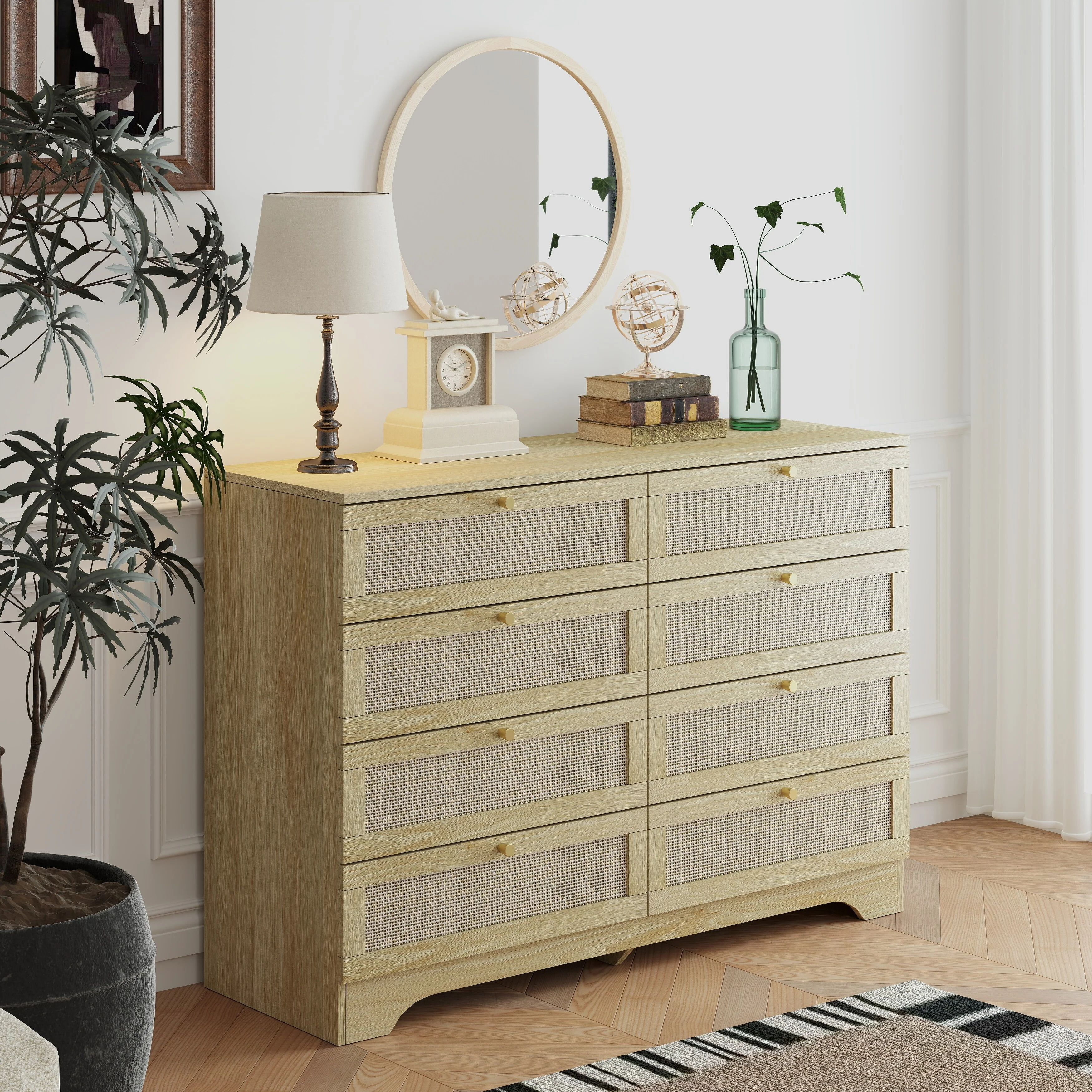 Double Dresser with 8 Rattan Drawer, Multi-Functional Clothing Storage Cabinet, Accent Cabinet with Round Golden Handles