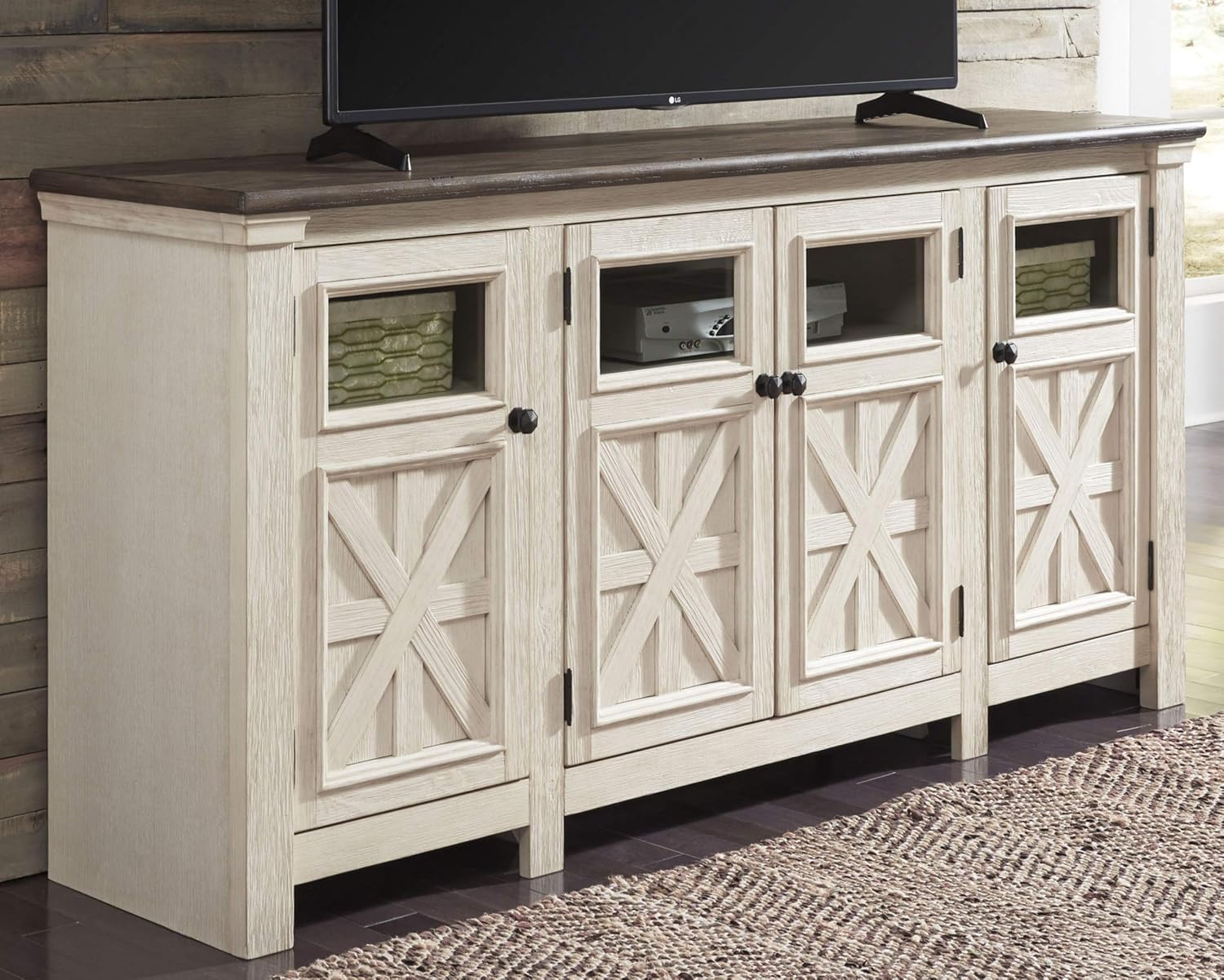 Signature Design by Ashley Bolanburg Extra Large TV Stand, Fits TVs up to 72, 3 Cabinets, Adjustable Storage Shelves, 74.13, Whitewash & 2-Tone Finish