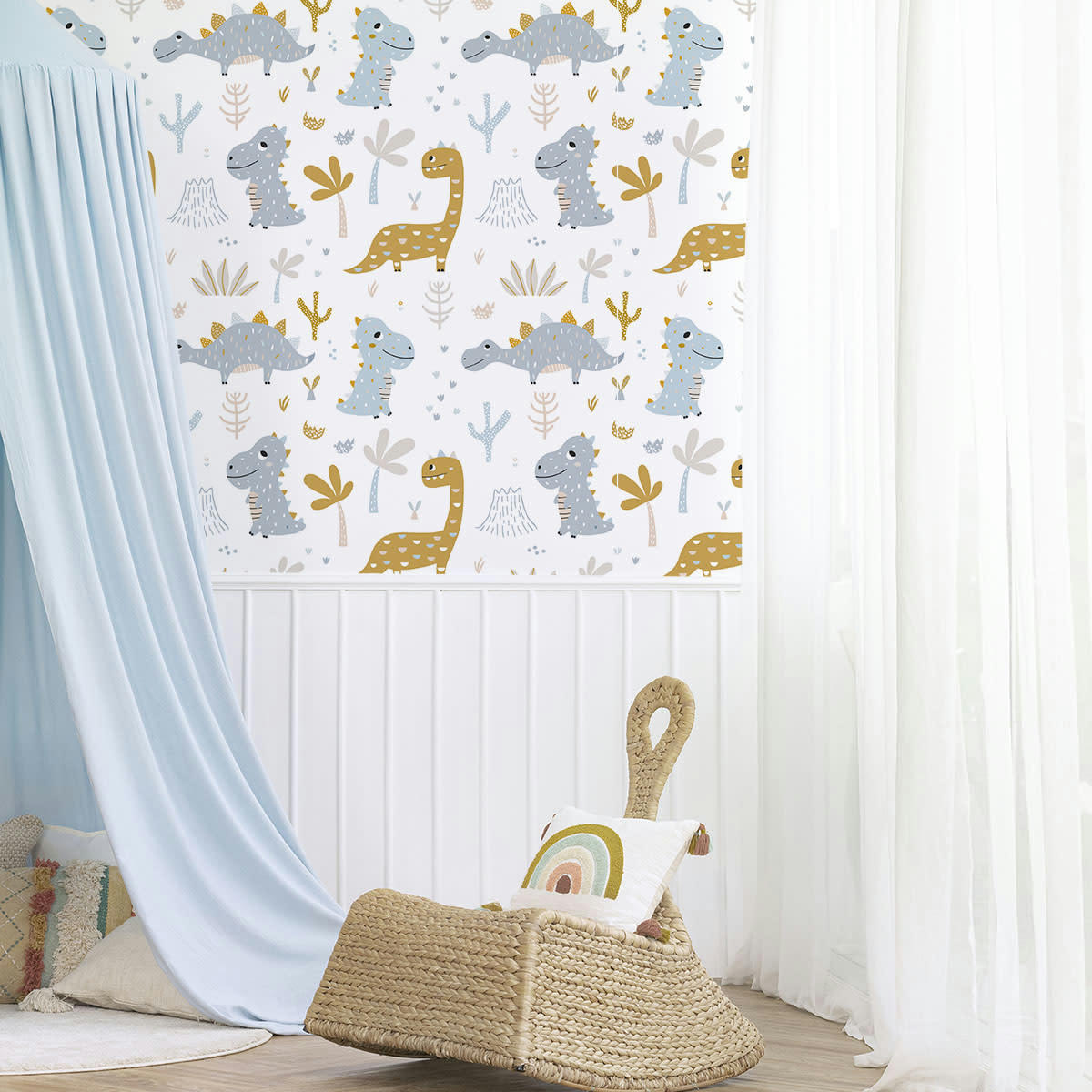 DINOS - Papier peint vinyle adhésif dinosaures bleu et orange 50x300 cm