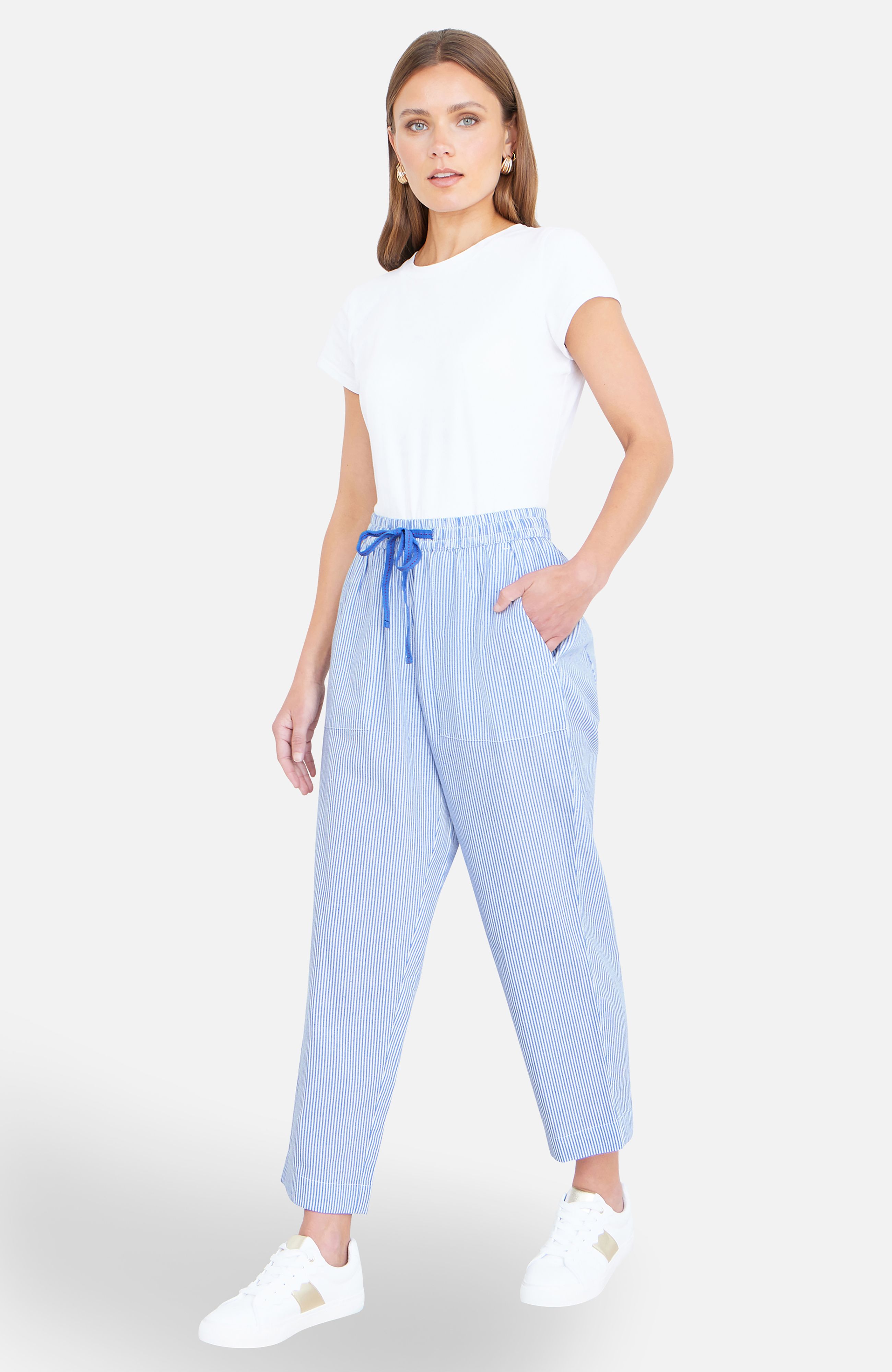 Yumi Blue Cotton Stripe Cropped Trousers