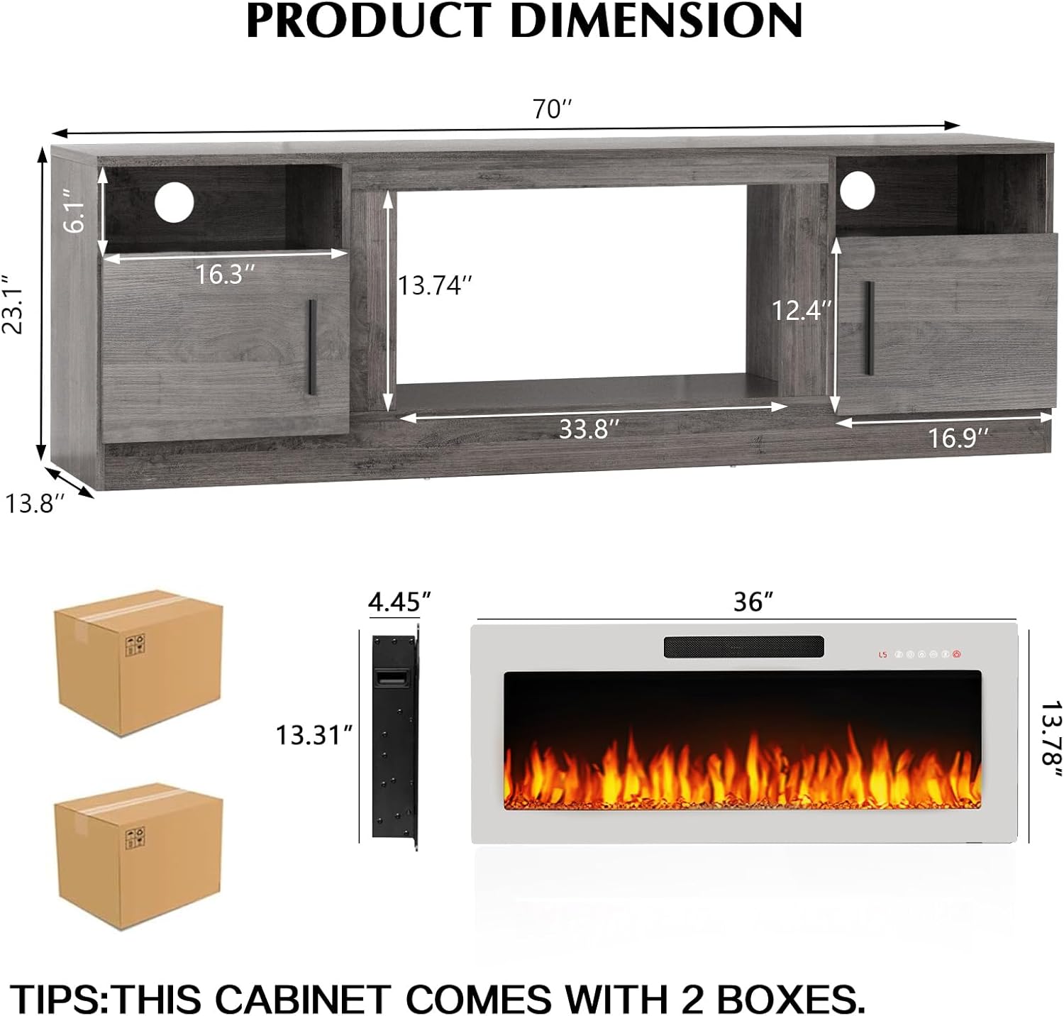 Lemberi Fireplace tv Stand with 36 inch White Fireplace Up to 80 TVs,LED Light Entertainment Center and Storage, 70 Modern Wood Media TV Console with Highlight Cabinet for Living Room (Gray)