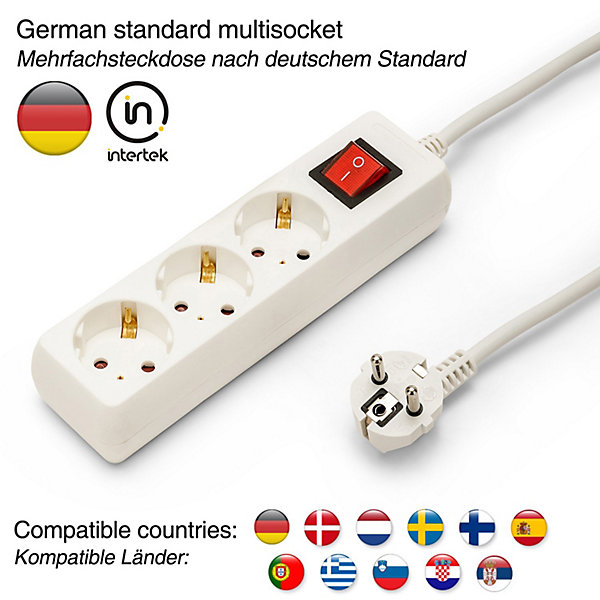 Bloc multiprise Schuko standard 3x16A, avec interrupteur, câble de 1m de long, H05VV-F3G1.0MM2, CE