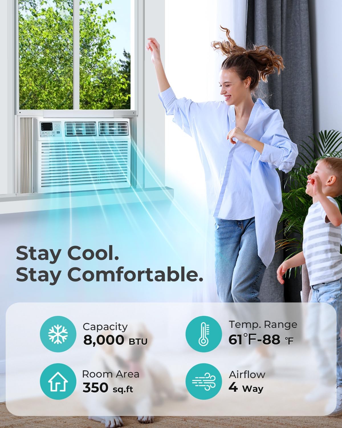 Window Air Conditioner, 8000 BTU Window AC Unit, Cool Rooms up to 350 Sq.Ft., 6-in-1 Modes,24H Timer, Energy Saving, Remote Control, Perfect for Bedroom, Apartment, Living Room, Office