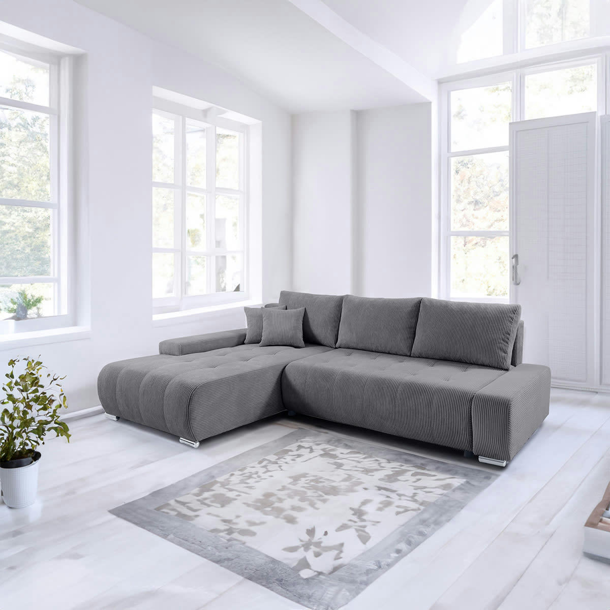 - Canapé d'angle convertible gauche 4 places coffre velours côtelé gris