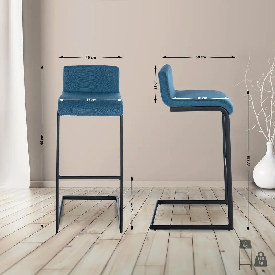 CLP Barkruk Newport zwart Frame - Stof - blauw