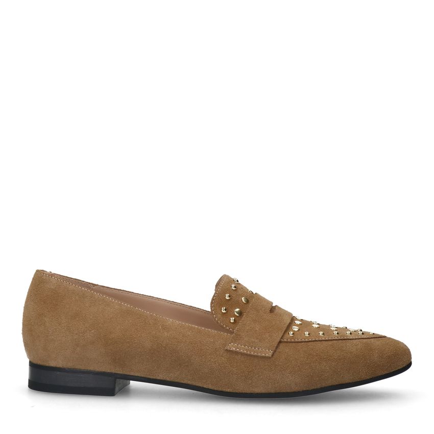 Manfield Cognac suède loafers met gouden studs