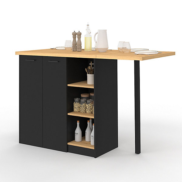Ilot central CESAR 140 cm 5 personnes bois noir avec plan de travail façon hêtre