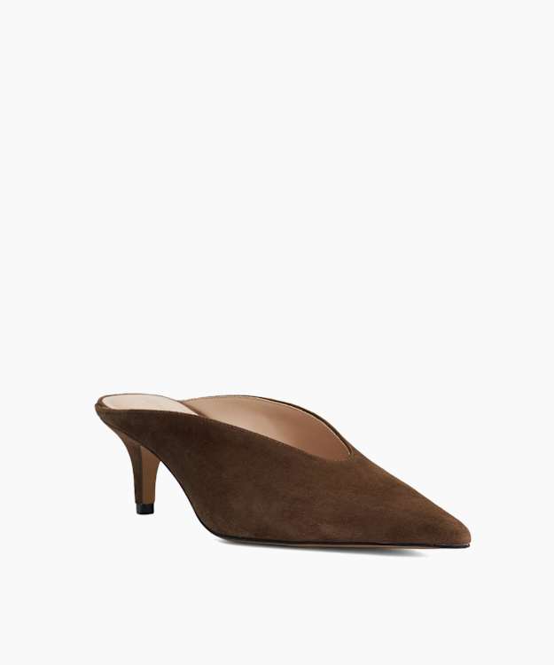Decisive Brown - Pointed Toe Kitten Heel Leather Mules