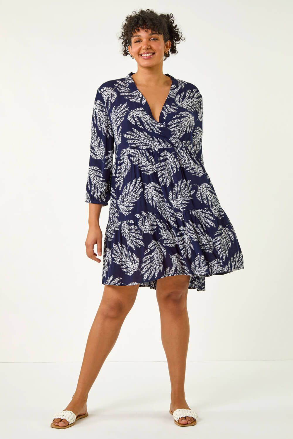 Roman Curve Leaf Print Wrap Smock Dress